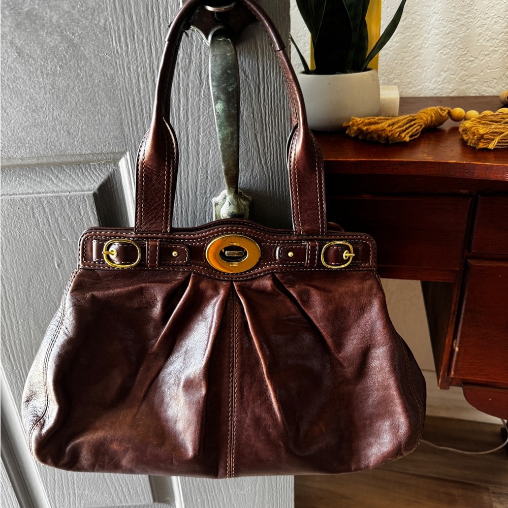 Coach Brown Leather Shoulder Bag with Gold Hardware